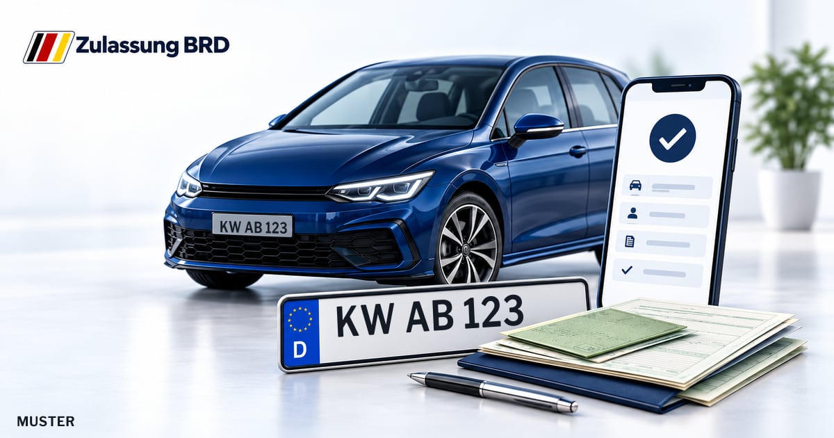 Online Fahrzeugzulassung in Wildau: Musterkennzeichen KW AB 123, Auto und Fahrzeugpapiere und Smartphone. Illustration mit Logo von Zulassung BRD.